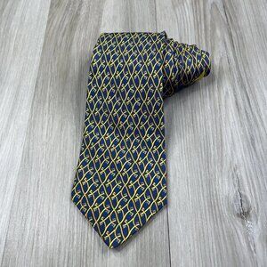 Salvatore Ferragamo Tie Mens Blue Gold Print Geometric Silk Luxury Necktie
